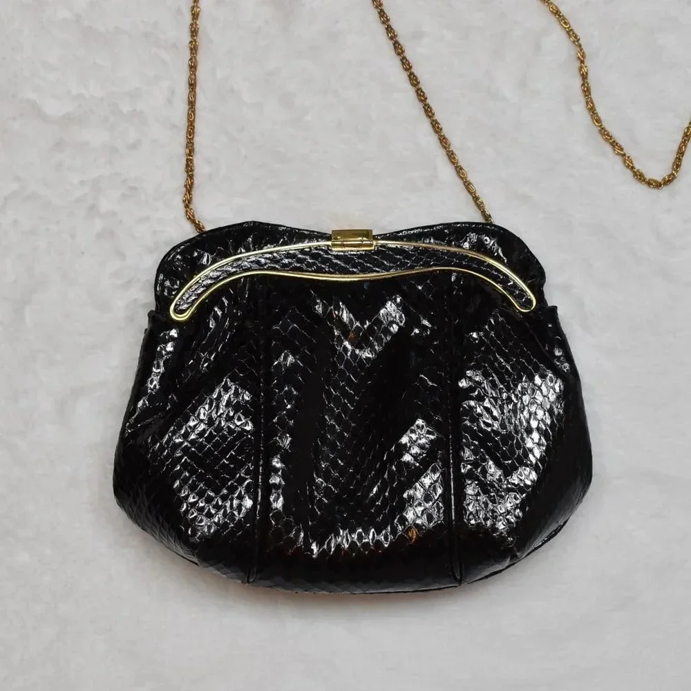 Vintage Snakeskin Shoulder Bag Clutch Crystals Party Cocktail Party 80s Black